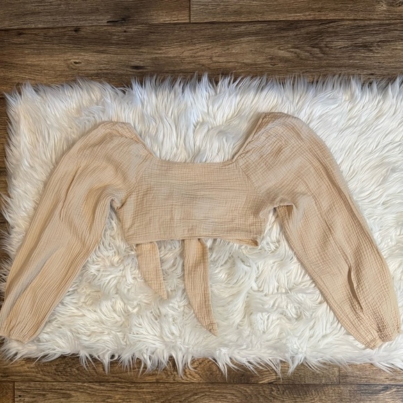 SHEIN Petite XXS Beige Gauze Tie Front Long Sleeve Crop Top Boho Blouse - Picture 9 of 11